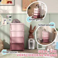 Rosa Spielzeugkommode mit vier offenen Fächern, speziell für das Kinderzimmer entworfen, um Spielzeug und Bastelmaterialien übersichtlich zu organisieren.
