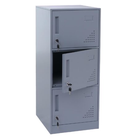 Grauer Spind Schließfach 3-türig aus Stahl 90x38x45 cm