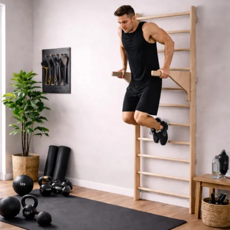 Ein Mann der auf einer Sprossenwand Übungen macht.