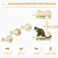Beige-cremeweisser Sprungturm mit mehreren Kratzbäumen für Katzen, bietet vielfältige Kletter- und Kratzmöglichkeiten.