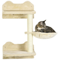 Beige-cremeweisser Sprungturm mit mehreren Kratzbäumen für Katzen, bietet vielfältige Kletter- und Kratzmöglichkeiten.