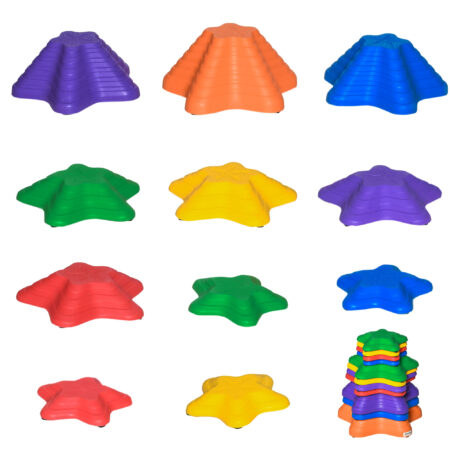 Buntes Stapelspielzeug in Form von Balance-Steinen, bis 80kg belastbar, fördert Koordination und Gleichgewichtssinn bei Kindern.