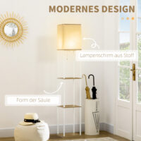 Stehlampe modern mit Regal und Stoffschirm weiss braun