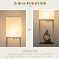 Stehlampe modern mit Regal und Stoffschirm weiss braun