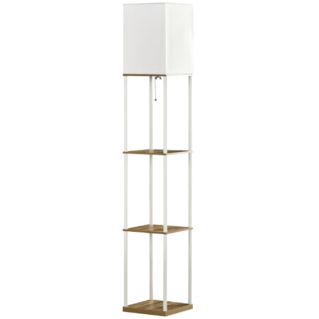 Stehlampe modern mit Regal und Stoffschirm weiss braun