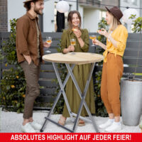 Stabiler Stehtisch mit massiver Tischplatte, geeignet für Innen- und Außenbereiche.