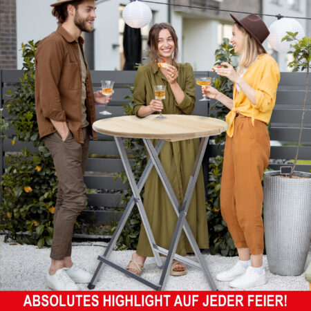 Stabiler Stehtisch mit massiver Tischplatte, geeignet für Innen- und Außenbereiche.