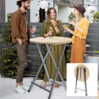 Stabiler Stehtisch mit massiver Tischplatte, geeignet für Innen- und Außenbereiche.