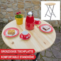 Stabiler Stehtisch mit massiver Tischplatte, geeignet für Innen- und Außenbereiche.