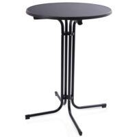 Runder Stehtisch mit schwarzer Tischhusse, ideal für Partys und Events.