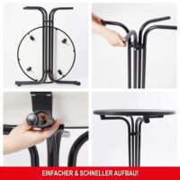 Runder Stehtisch mit schwarzer Tischhusse, ideal für Partys und Events.