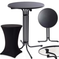 Runder Stehtisch mit schwarzer Tischhusse, ideal für Partys und Events.