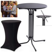 Runder Stehtisch mit schwarzer Tischhusse, ideal für Partys und Events.