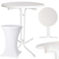 Eleganter Bistrotisch mit weißer Tischhusse für Feierlichkeiten.