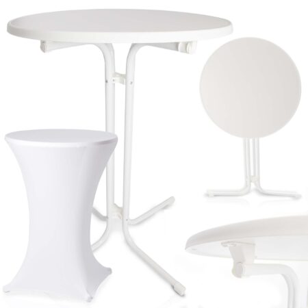 Eleganter Bistrotisch mit weißer Tischhusse für Feierlichkeiten.