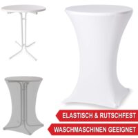 Eleganter Bistrotisch mit weißer Tischhusse für Feierlichkeiten.