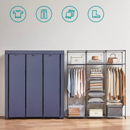 Praktischer Kleiderschrank mit Stoffbezug, 2 Kleiderstangen und Regalfächern für geordnete Kleidung. Staubschutz, einfache Montage und Reißverschluss-Abdeckung. Robustes Stahlgestell. Maße: 108 x 170 x 45 cm.