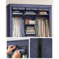 Praktischer Kleiderschrank mit Stoffbezug, 2 Kleiderstangen und Regalfächern für geordnete Kleidung. Staubschutz, einfache Montage und Reißverschluss-Abdeckung. Robustes Stahlgestell. Maße: 108 x 170 x 45 cm.