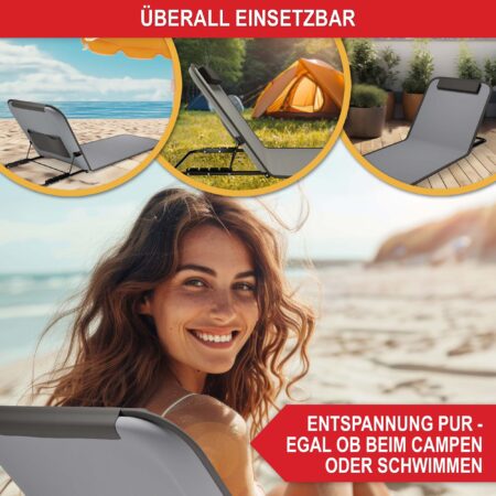Kompakte, tragbare Strandliege mit verstellbarer Liegefläche.