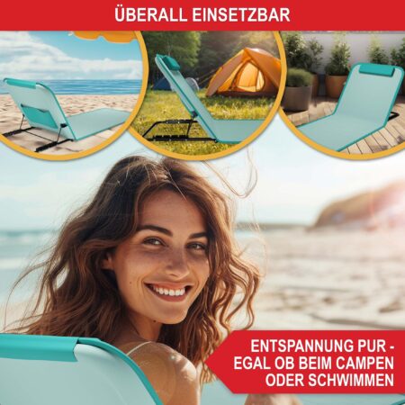 Kompakte, tragbare Strandliege mit verstellbarer Liegefläche, ideal für den Garten oder Strand.