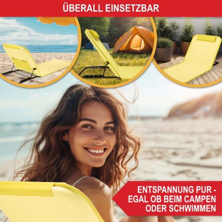 Leichte, faltbare Strandliege mit 5-fach verstellbarer Rückenlehne.