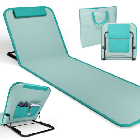 Kompakte, tragbare Strandliege mit verstellbarer Liegefläche, ideal für den Garten oder Strand.