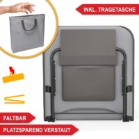 Kompakte, tragbare Strandliege mit verstellbarer Liegefläche.