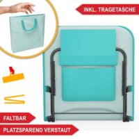 Kompakte, tragbare Strandliege mit verstellbarer Liegefläche, ideal für den Garten oder Strand.