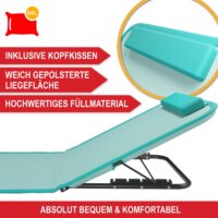 Kompakte, tragbare Strandliege mit verstellbarer Liegefläche, ideal für den Garten oder Strand.