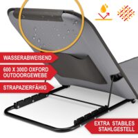 Kompakte, tragbare Strandliege mit verstellbarer Liegefläche.