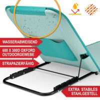 Kompakte, tragbare Strandliege mit verstellbarer Liegefläche, ideal für den Garten oder Strand.