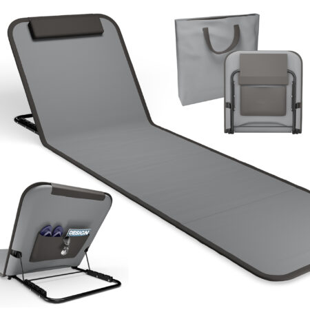 Kompakte, tragbare Strandliege mit verstellbarer Liegefläche.