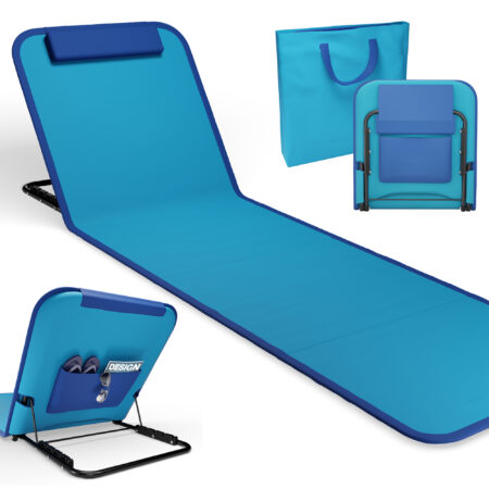 Leichte, faltbare Strandliege mit 5-fach verstellbarer Rückenlehne für maximalen Komfort.