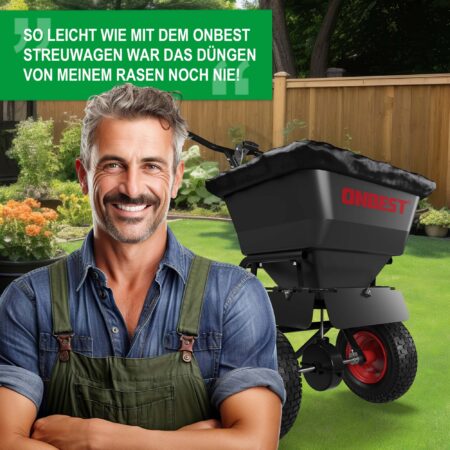 Robuster Streuwagen (45 Liter) geländegängig, mit regulierbarer Streumenge.