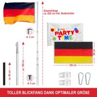 Höhenverstellbarer Fahnenmast mit 3 Flaggen für Garten und Veranstaltungen.