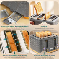 Toaster mit Auftaufunktion und 7 Bräunungsstufen für 4 Scheiben grau