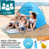 TOM Pop-Up Strandmuschel für 3 Personen mit UV-Schutz 50+ und Tragetasche.