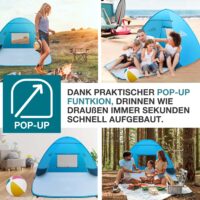 TOM Pop-Up Strandmuschel für 3 Personen mit UV-Schutz 50+ und Tragetasche.