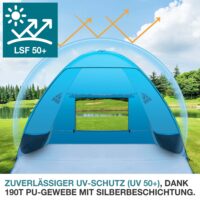 TOM Pop-Up Strandmuschel für 3 Personen mit UV-Schutz 50+ und Tragetasche.