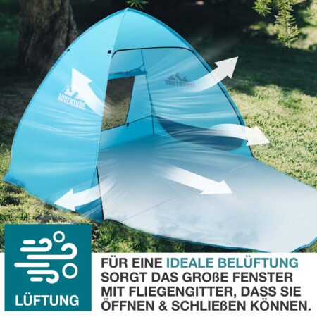 TOM Pop-Up Strandmuschel für 3 Personen mit UV-Schutz 50+ und Tragetasche.