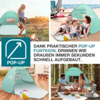 Strandmuschel Pop-Up Modell TOM, ideal für 3 Personen, inkl. UV-Schutz 50+ und Transporttasche.