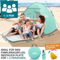 Strandmuschel Pop-Up Modell TOM, ideal für 3 Personen, inkl. UV-Schutz 50+ und Transporttasche.