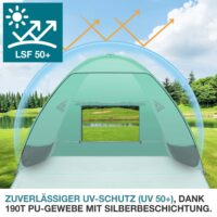 Strandmuschel Pop-Up Modell TOM, ideal für 3 Personen, inkl. UV-Schutz 50+ und Transporttasche.