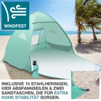 Strandmuschel Pop-Up Modell TOM, ideal für 3 Personen, inkl. UV-Schutz 50+ und Transporttasche.