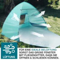 Strandmuschel Pop-Up Modell TOM, ideal für 3 Personen, inkl. UV-Schutz 50+ und Transporttasche.