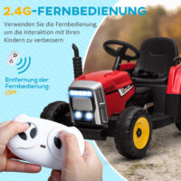 Roter Traktor als Elektroauto für Kinder von 3-6 Jahren, inklusive abnehmbarem Anhänger für realistisches Spielen.