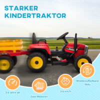 Roter Traktor als Elektroauto für Kinder von 3-6 Jahren, inklusive abnehmbarem Anhänger für realistisches Spielen.