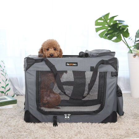 Graue faltbare Transportbox für Haustiere, leicht und praktisch.
