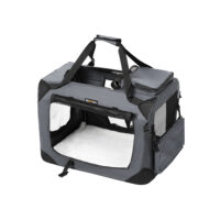 Graue faltbare Transportbox für Haustiere, leicht und praktisch.