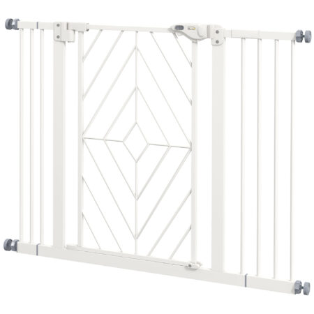 Weisses Treppenschutzgitter 74-100cm ohne Bohren, mit automatischer Schliessfunktion für maximale Sicherheit.